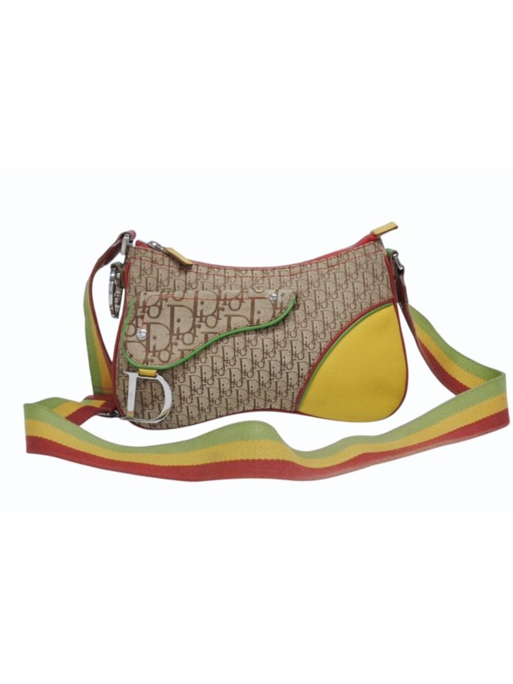 Dior Shoulder Bag Trotter Rasta Leather Canvas Silver